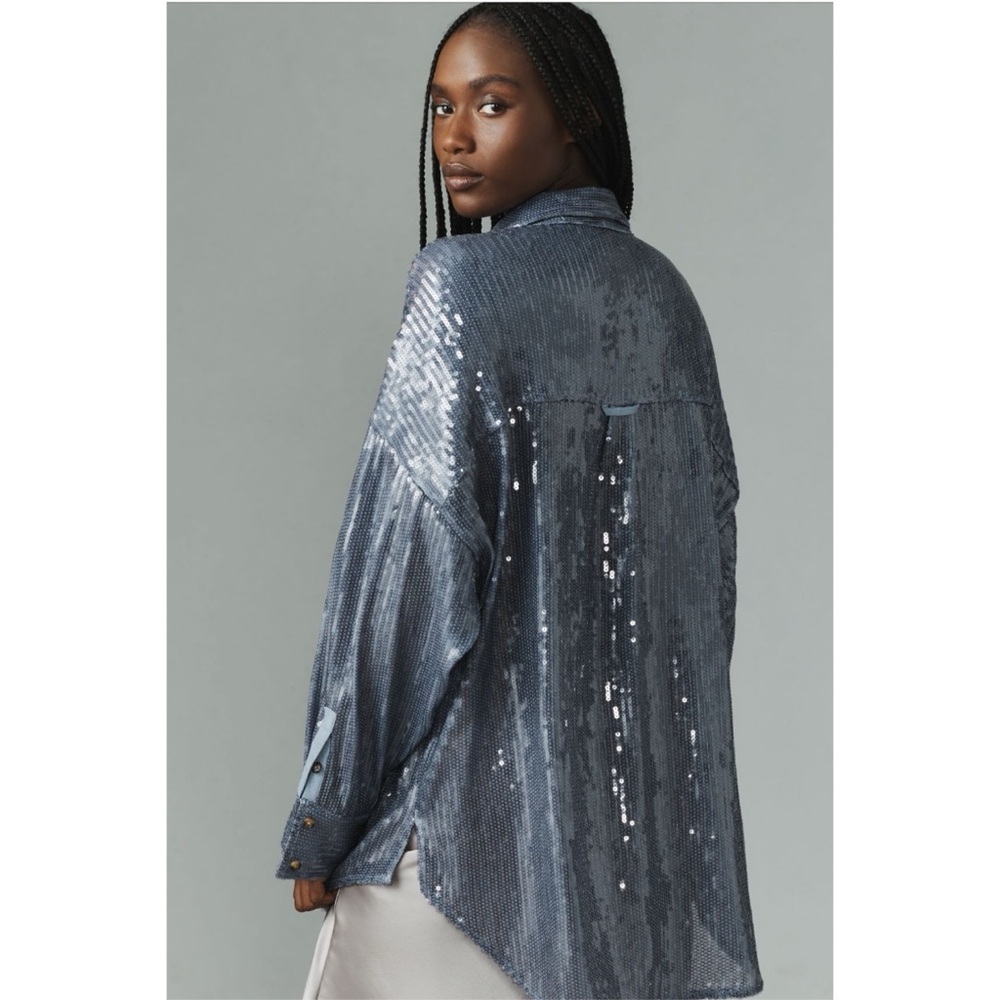 Anthropologie Pilcro Sequin Oversized Shirt Blue Button Down Top M NWT - Picture 2 of 3